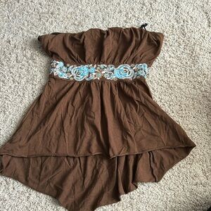 Brown/turquoise high low strapless